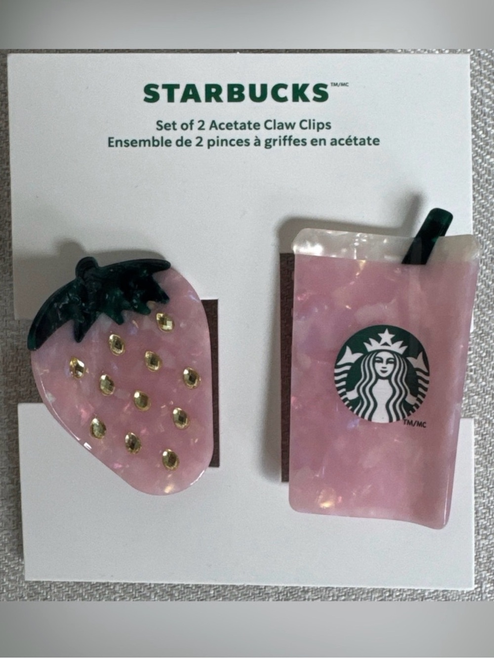 Starbucks Pink Acetate Strawberry & Cup Hair Claw Clips Set